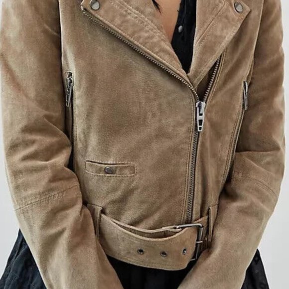 Anthropologie BLANKNYC L NWT Sueded Leather Moto Jacket Motorcycle Taupe Large - Picture 4 of 6
